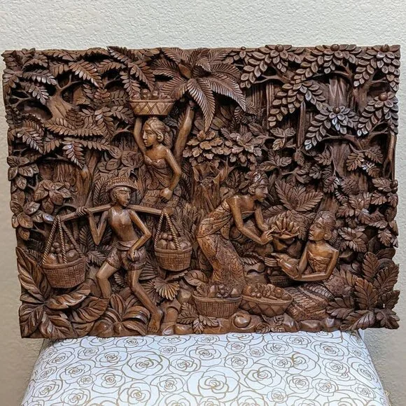 Large Bali Indonesia Wood Carved Vintage Wall Art Piece - Picture 9 of 9